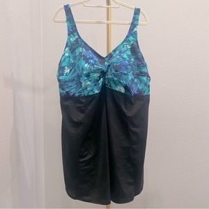 Swimsuits For All One Piece Swimsuit Dress Overlay Lined Black Turquoise Size 28